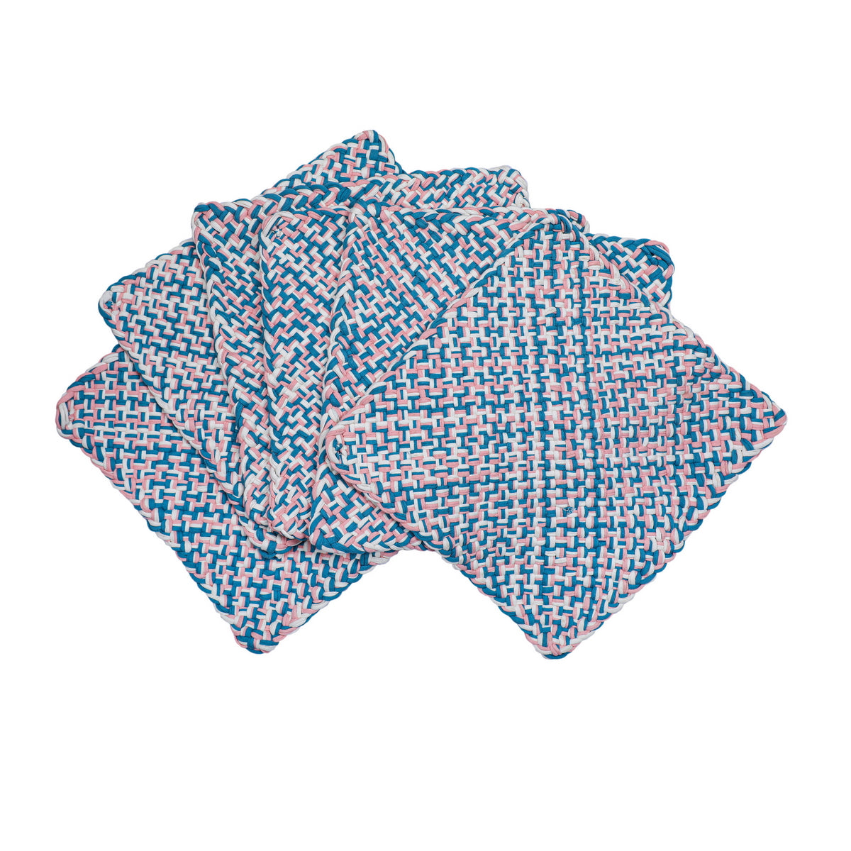 Image of Set of 4 Hand-Woven Square Placemats / Dining Mats Pink Blue White