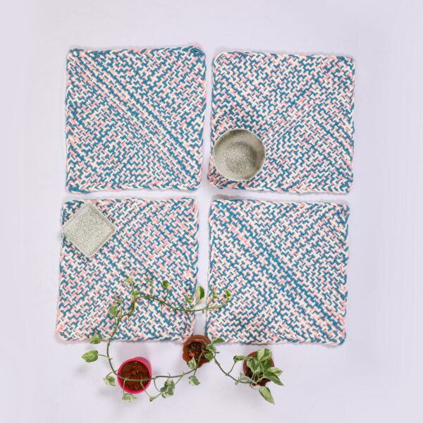 Image of Set of 4 Hand-Woven Square Placemats / Dining Mats Pink Blue White