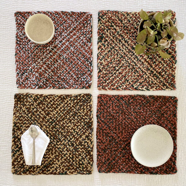 Image of Hand-Woven Set of 4 Square Placemats / Dining Mats Brown Beige Green