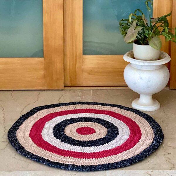 Image of Round Crochet Floor Rug Raspberry Charcoal Nude Ecru