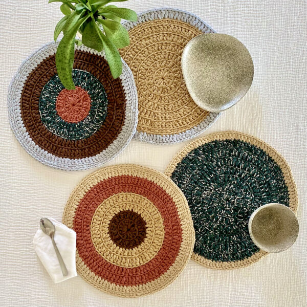 Image of Set of 4 Round Crochet Placemats / Dining Mats Brown Green Light Grey