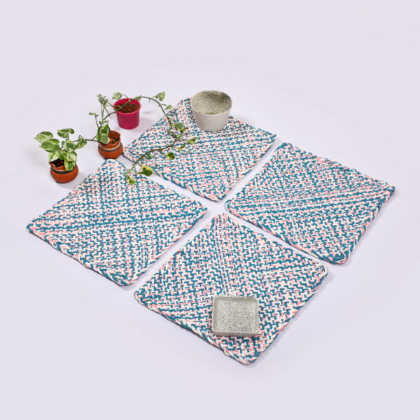 Image of Set of 4 Hand-Woven Square Placemats / Dining Mats Pink Blue White