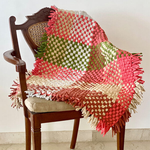 Image of Tassel Floor Rug / Throw Rectangular Coral Green Brown Beige Off White
