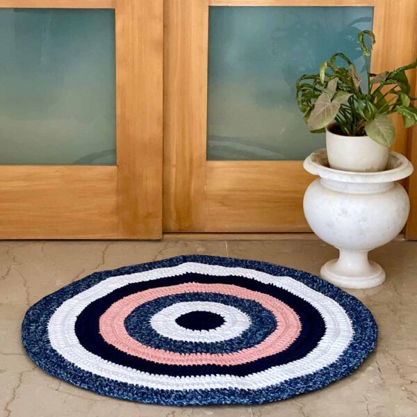 Image of Round Crochet Floor Rug Pink Navy White