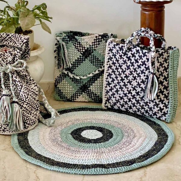 Image of Round Crochet Floor Rug Mint Teal Charcoal Light Grey