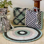 Round Crochet Floor Rug Mint Teal Charcoal Light Grey