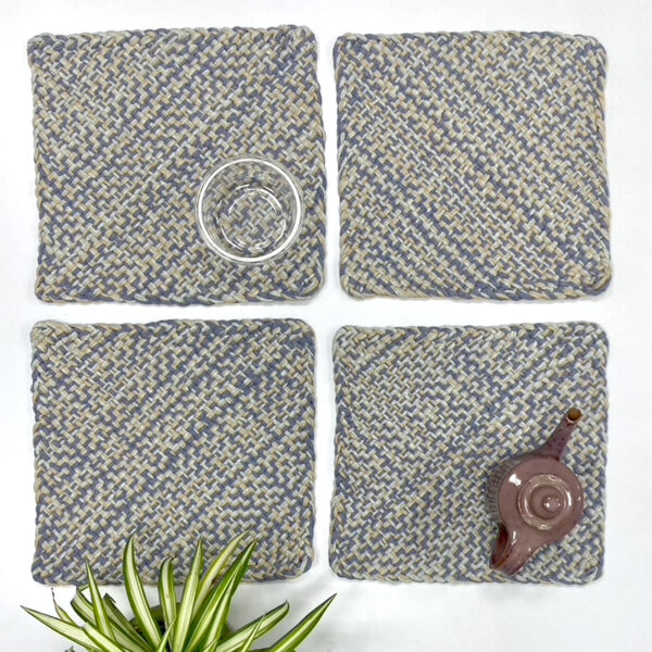 Image of Set of 4 Hand-Woven Square Placemats / Dining Mats Blue Melange Nude Grey