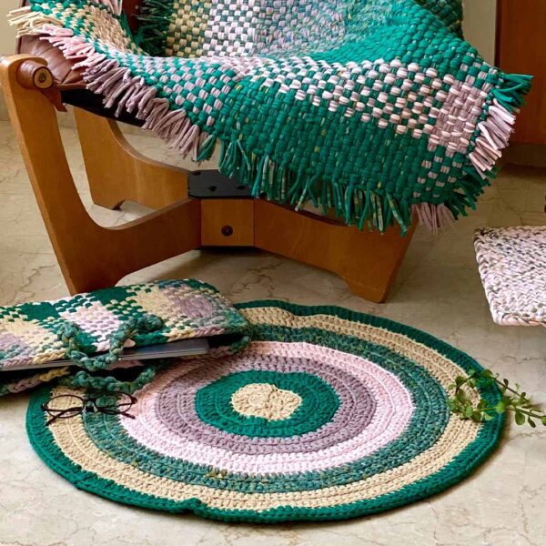 Image of Round Crochet Floor Rug Green Blush Pink Old Rose Light Beige