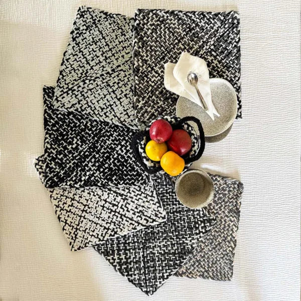 Image of Set of 6 Hand-Woven Square Placemats / Dining Mats Charcoal Grey Silver Grey