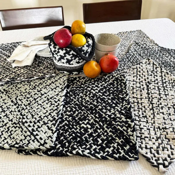 Image of Set of 6 Hand-Woven Square Placemats / Dining Mats Charcoal Grey Silver Grey