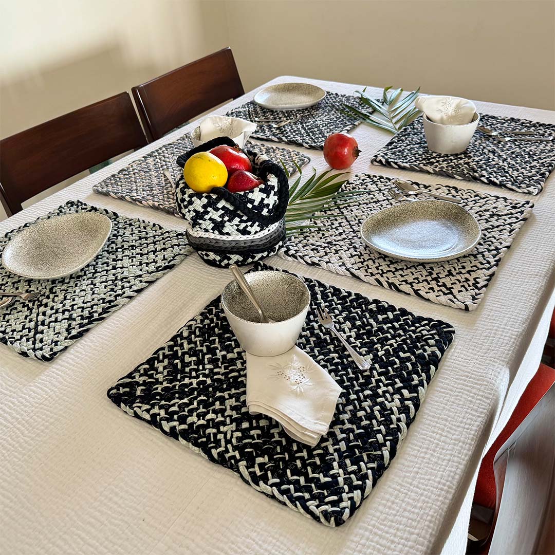 Image of Set of 6 Hand-Woven Square Placemats / Dining Mats Charcoal Grey Silver Grey