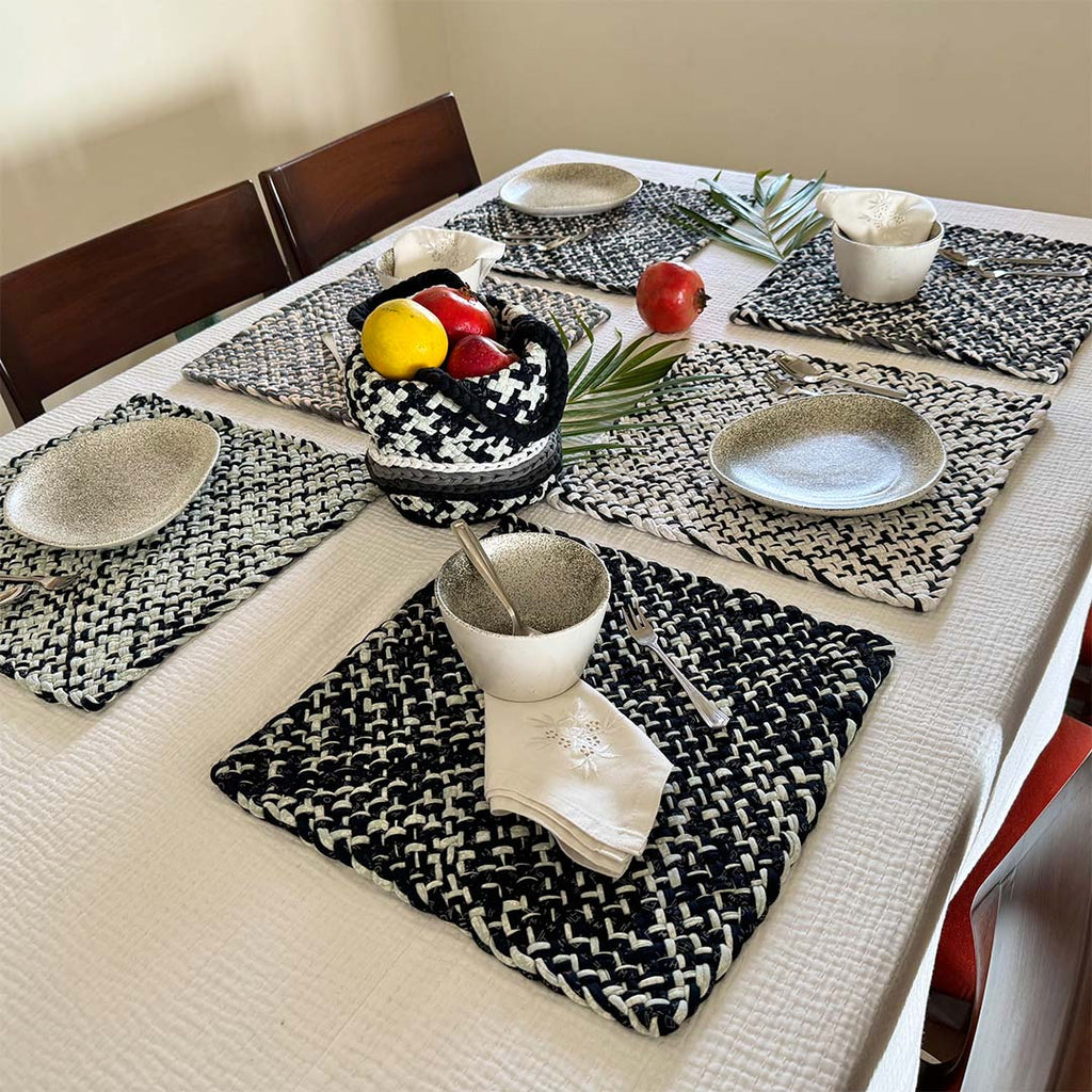 Set of 6 Hand-Woven Square Placemats / Dining Mats Charcoal Grey Silver Grey