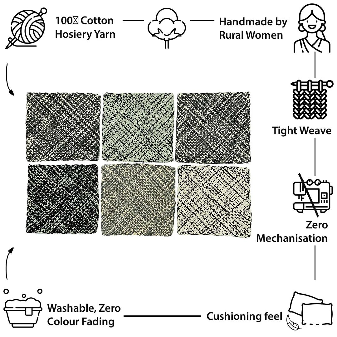 Image of Set of 6 Hand-Woven Square Placemats / Dining Mats Charcoal Grey Silver Grey