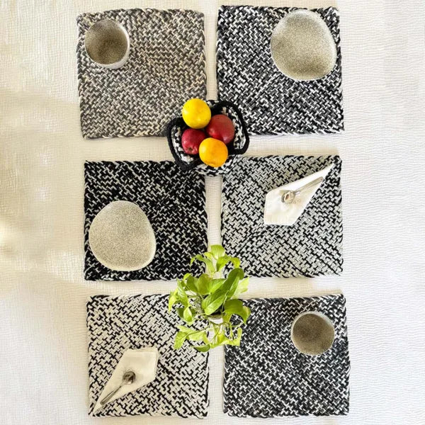 Image of Set of 6 Hand-Woven Square Placemats / Dining Mats Charcoal Grey Silver Grey