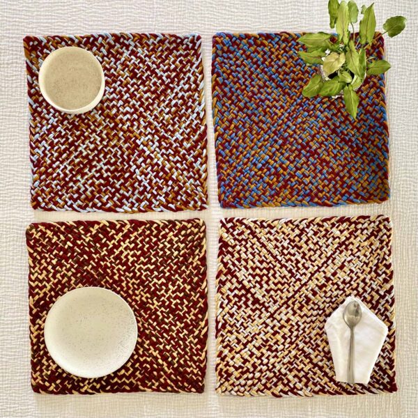 Image of Set of 4 Hand-Woven Square Placemats / Dining Mats Blue Brown Maroon Light Grey