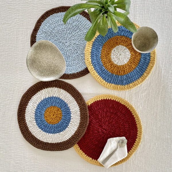Image of Set of 4 Round Crochet Placemats / Dining Mats Blue Maroon Mustard Light Grey