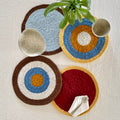 Set of 4 Round Crochet Placemats / Dining Mats Blue Maroon Mustard Light Grey