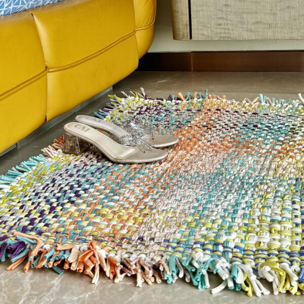 Image of Tassel Floor Rug / Throw Green, Sea Green, Purple, Peach, Off White