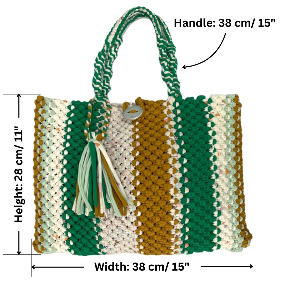 Image of Macrame Tote-Medium | Green, Off White, Mustard
