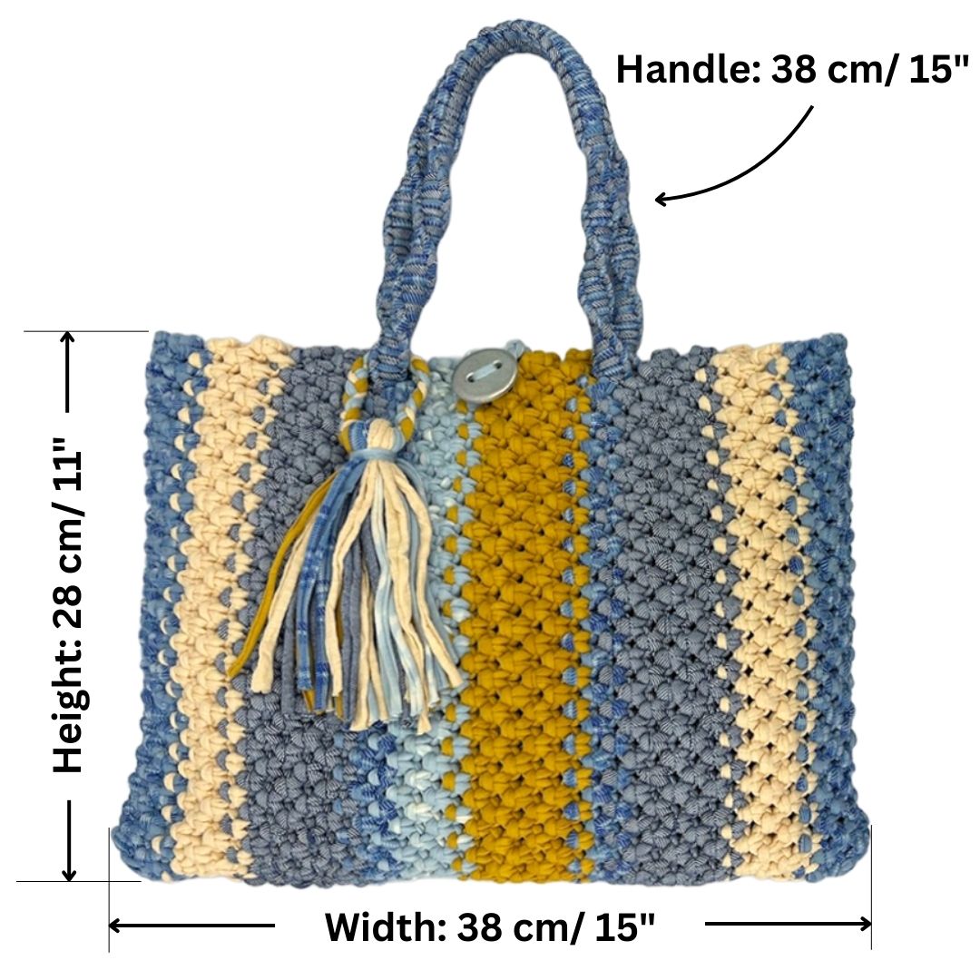 Image of Macrame Tote-Medium | Blues, Yellow, Off White