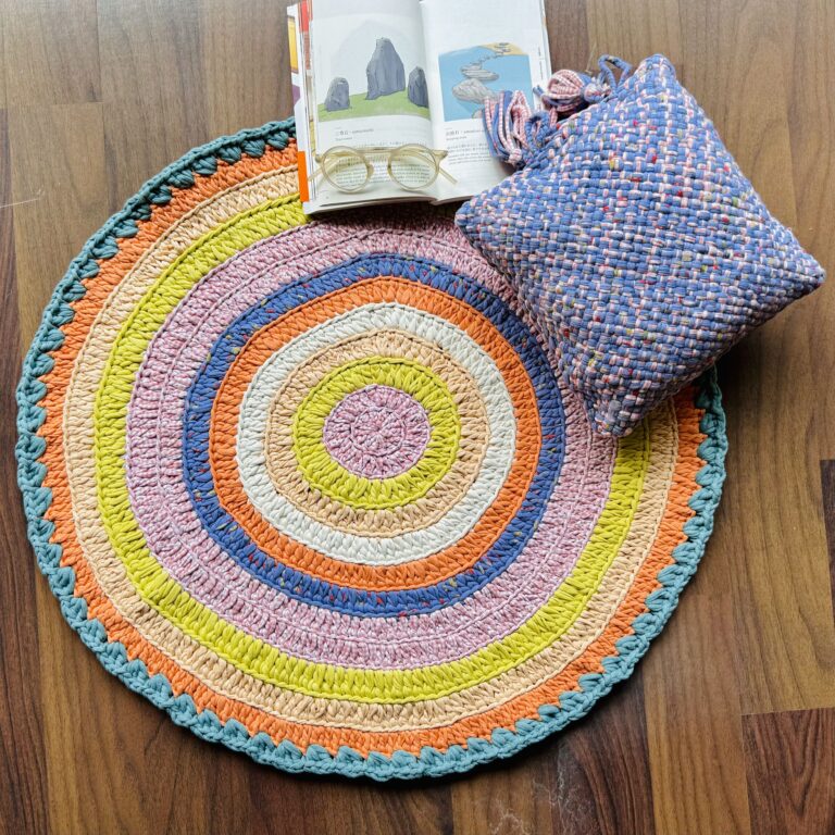 Image of Round Crochet Floor Rug Green, Sea green, Purple, Peach, Off white