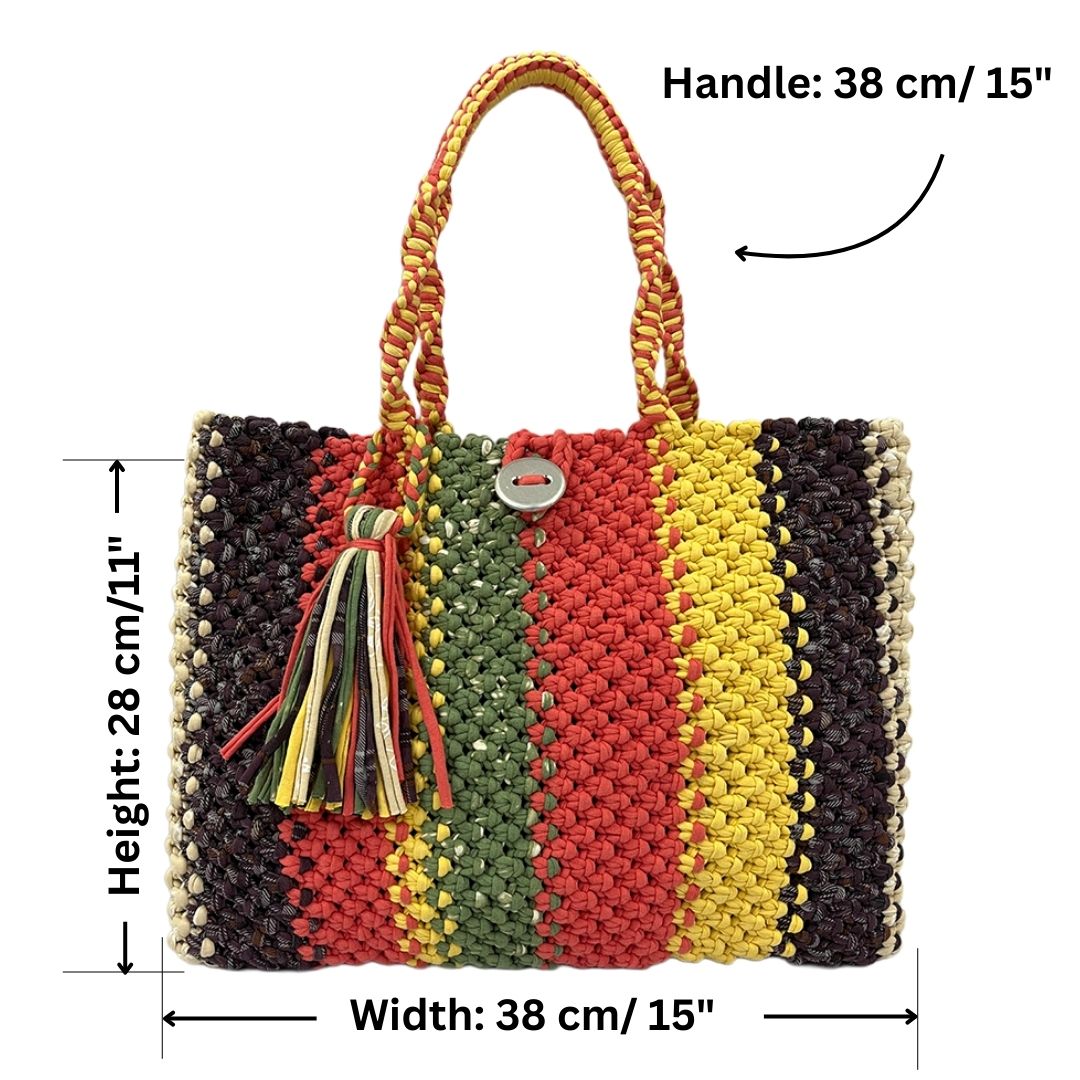 Image of Macrame Tote-Medium | Coral, Green, Yellow, Purple
