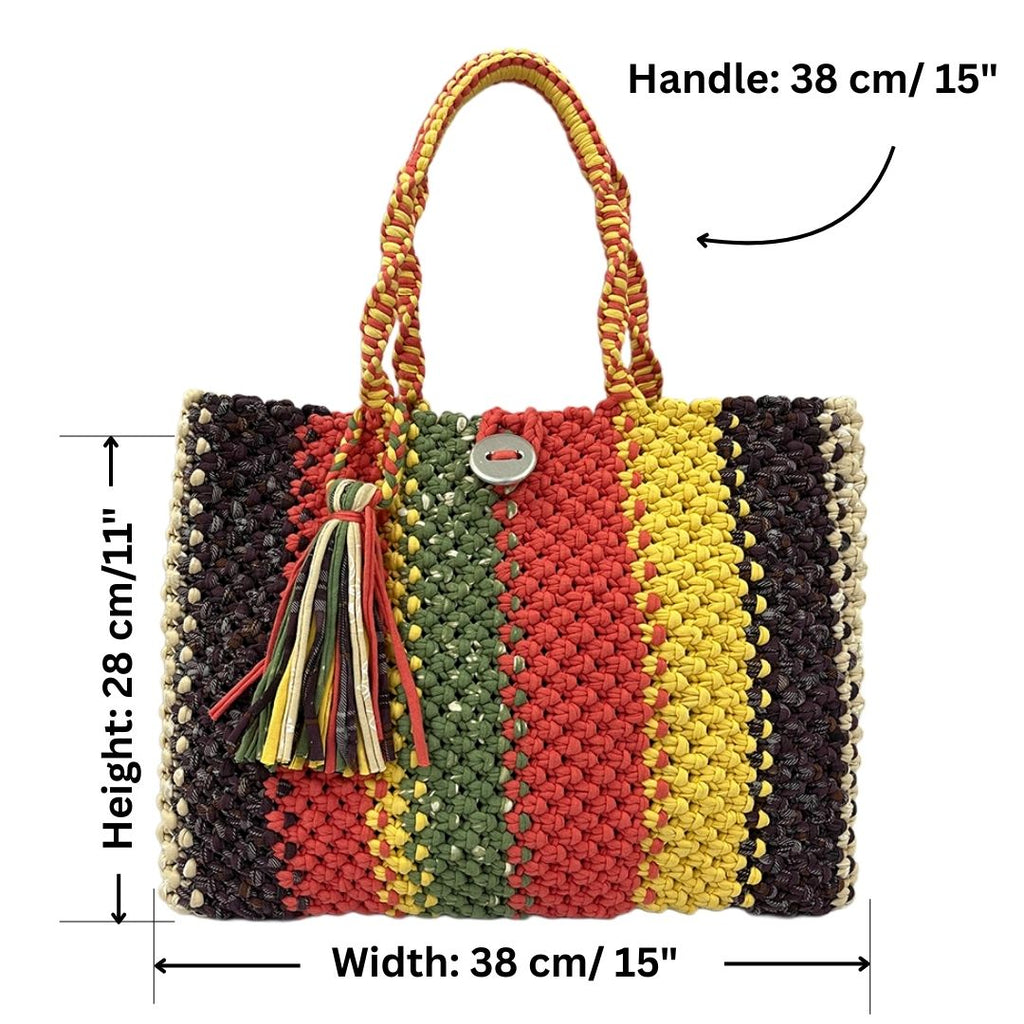 Macrame Tote-Medium | Coral, Green, Yellow, Purple