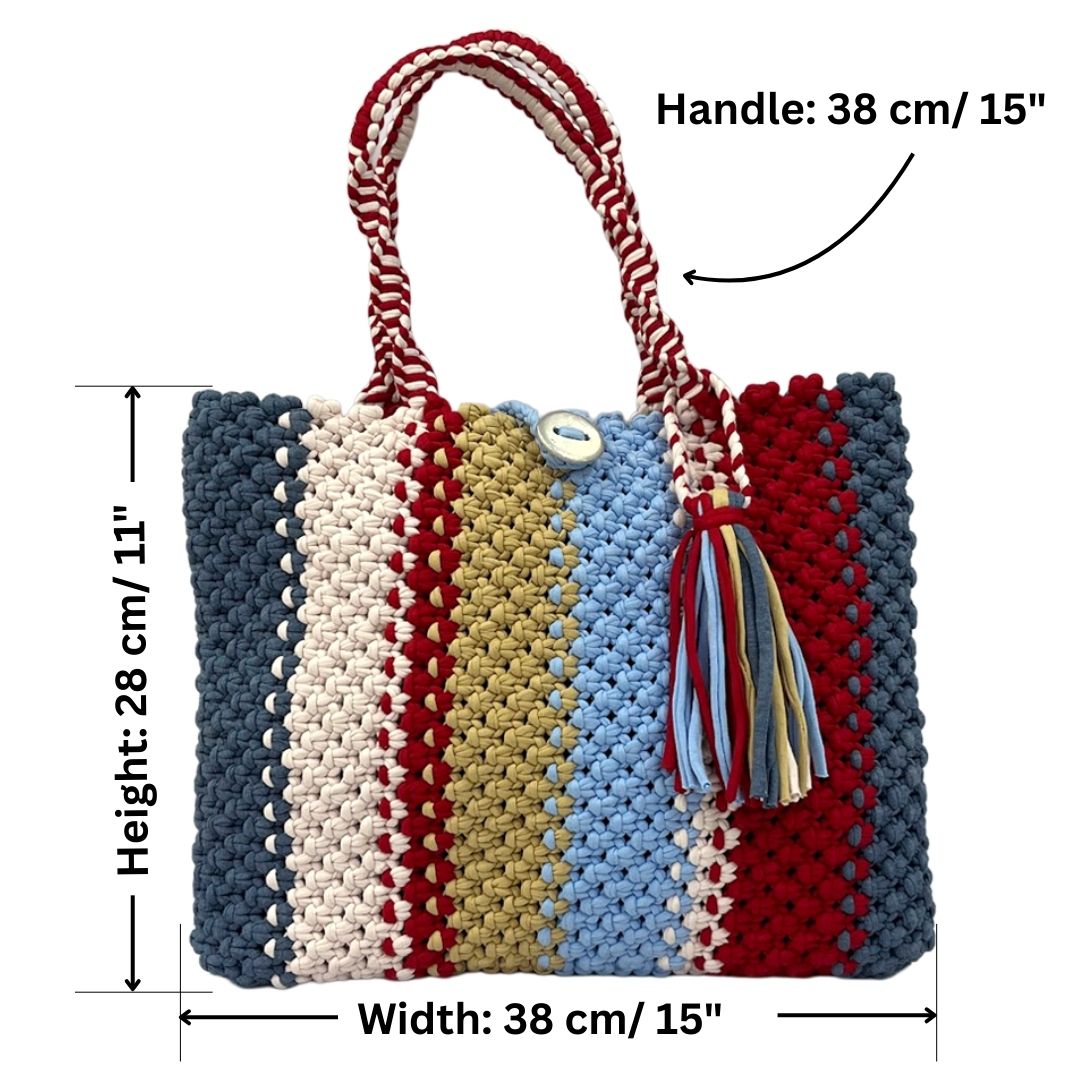 Image of Macrame Tote-Medium |  Red, Blues, Beige