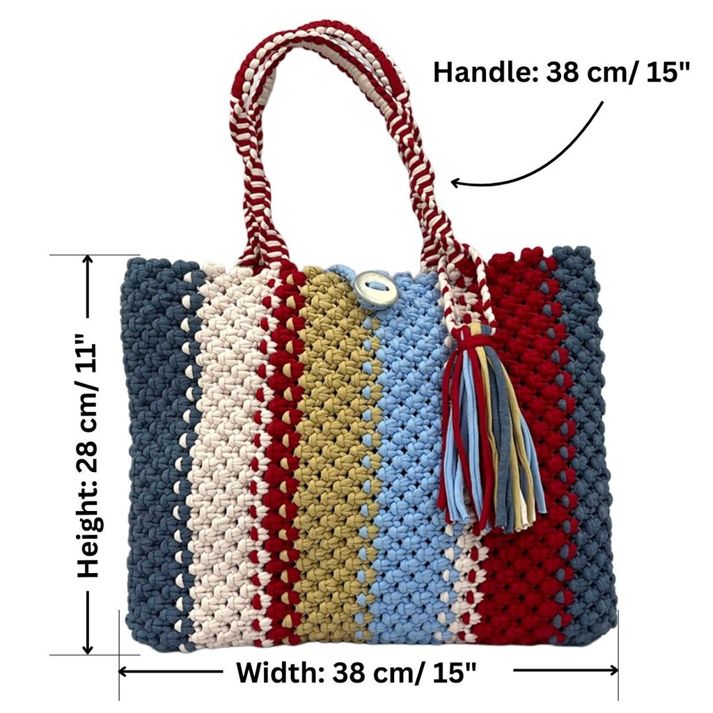 Macrame Tote-Medium |  Red, Blues, Beige