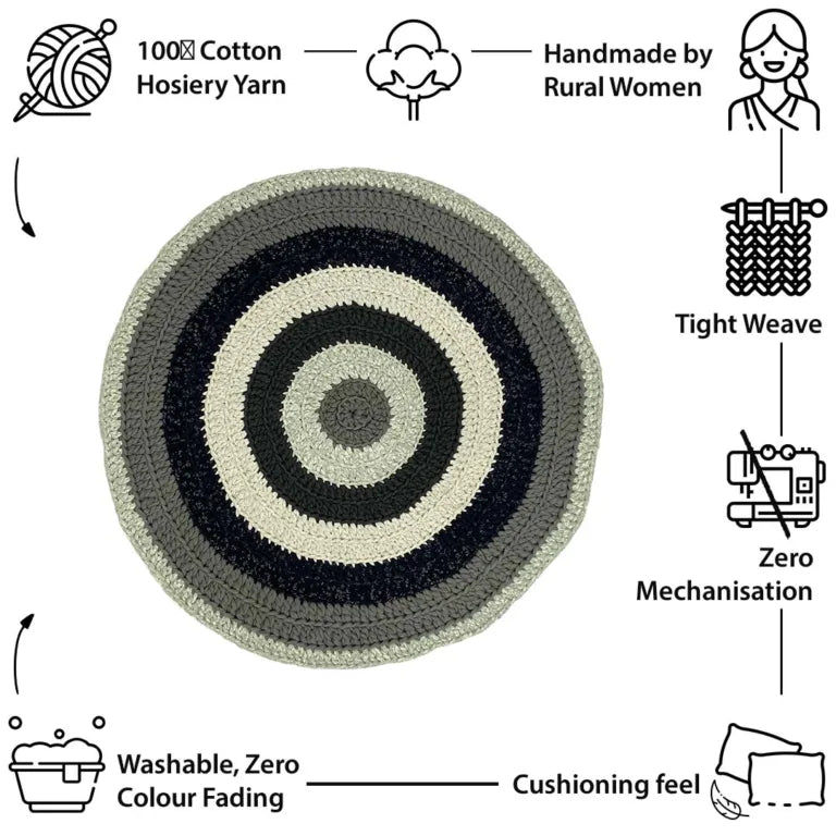 Image of Round Crochet Floor Rug Charcoal Grey Silver Grey