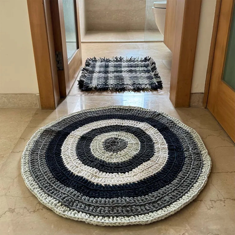 Image of Round Crochet Floor Rug Charcoal Grey Silver Grey