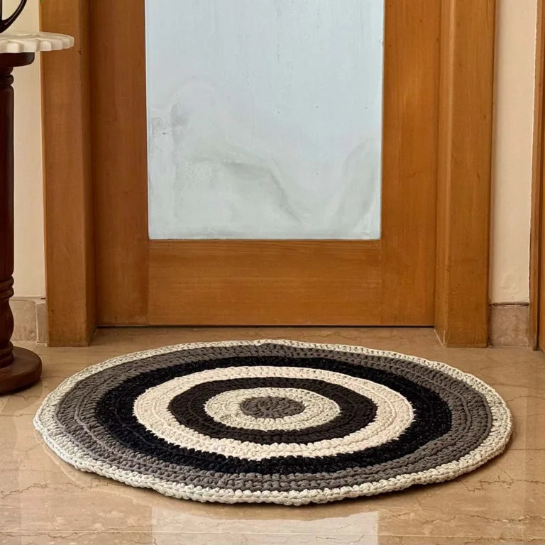 Image of Round Crochet Floor Rug Charcoal Grey Silver Grey