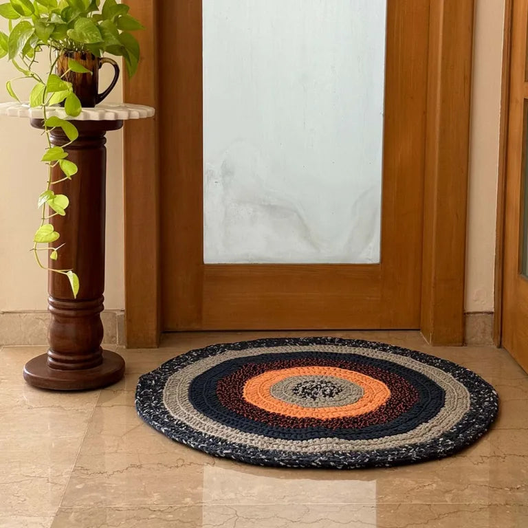 Image of Round Crochet Floor Rug Peach Navy Grey
