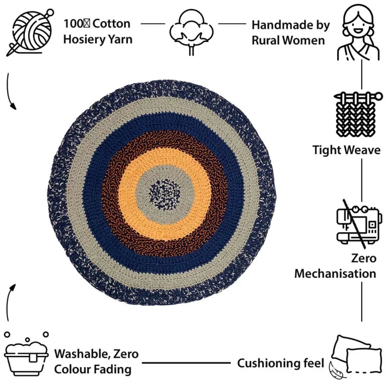 Image of Round Crochet Floor Rug Peach Navy Grey