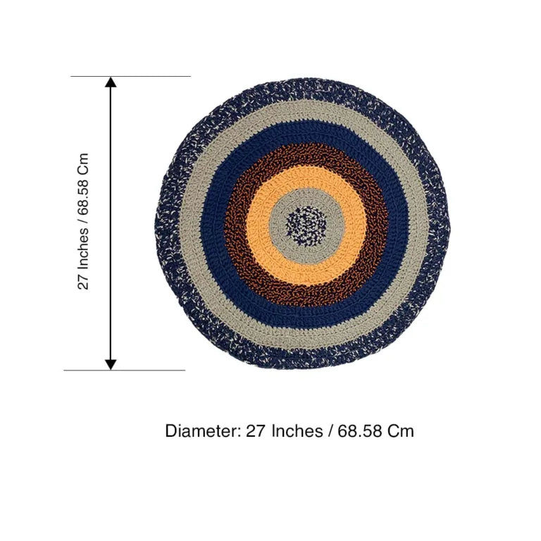 Image of Round Crochet Floor Rug Peach Navy Grey