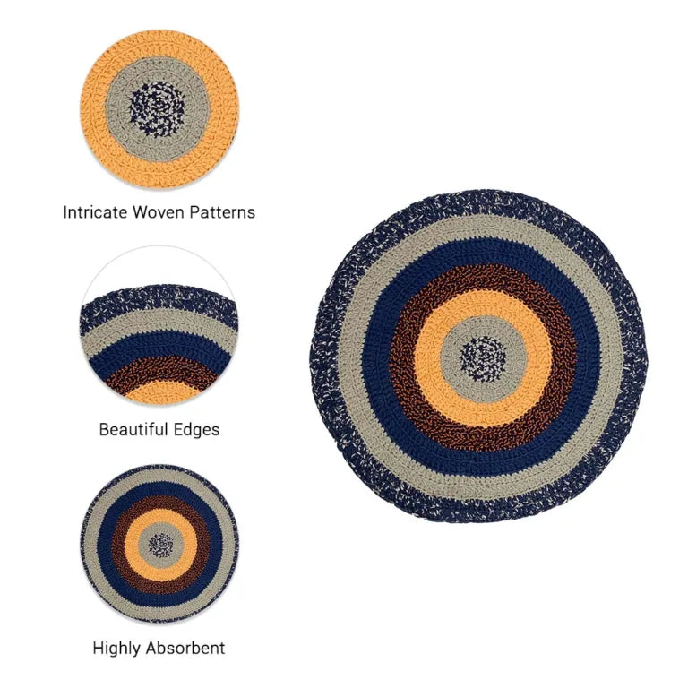 Image of Round Crochet Floor Rug Peach Navy Grey