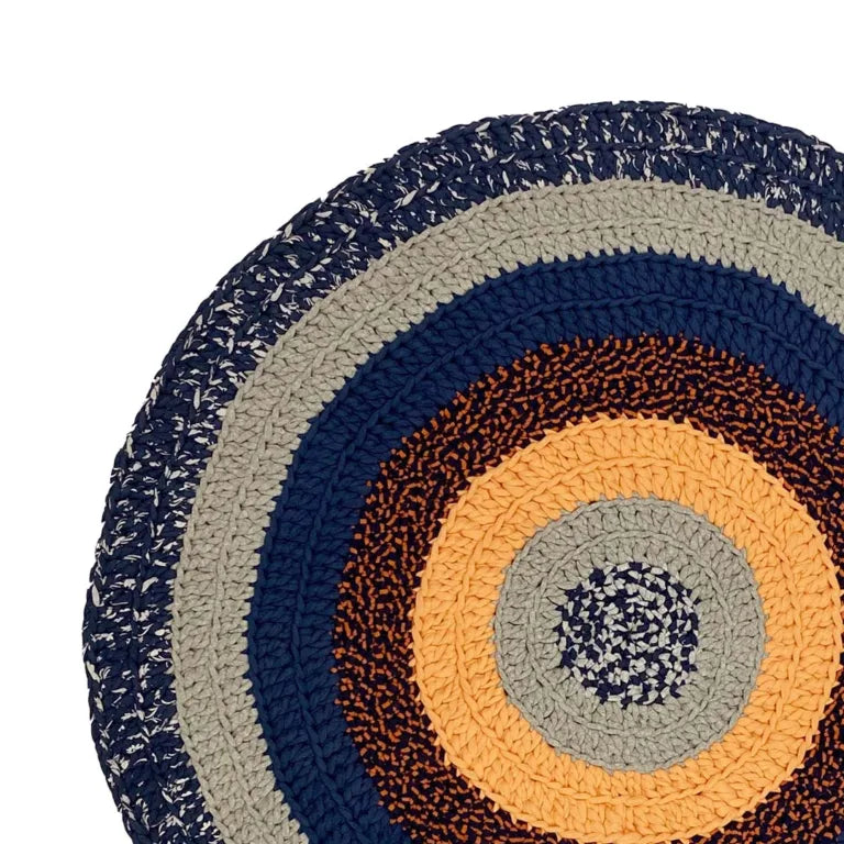 Image of Round Crochet Floor Rug Peach Navy Grey
