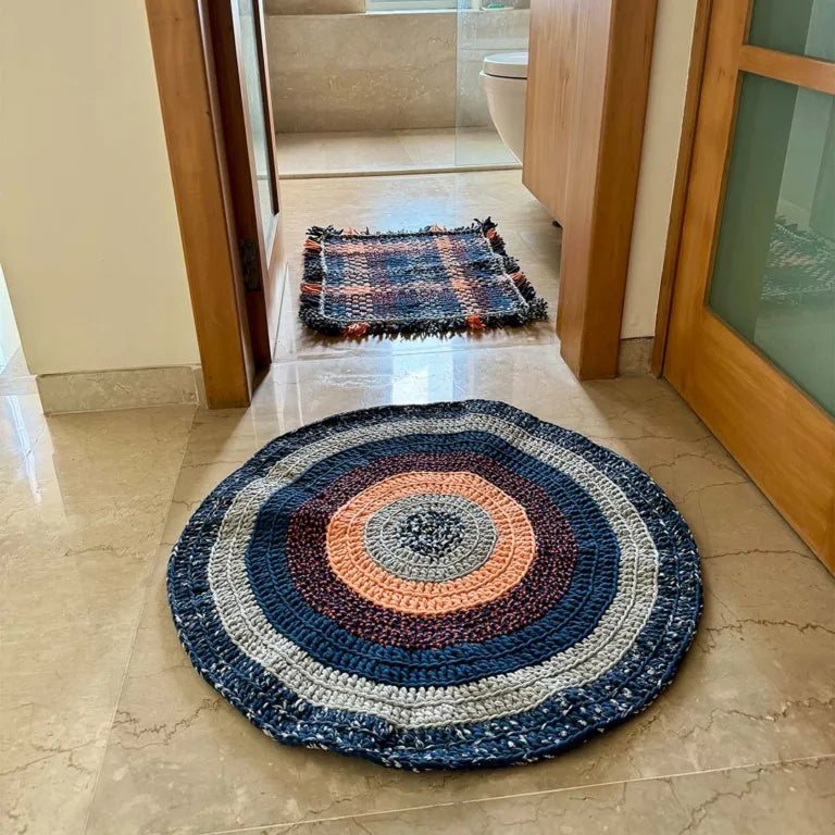 Image of Round Crochet Floor Rug Peach Navy Grey