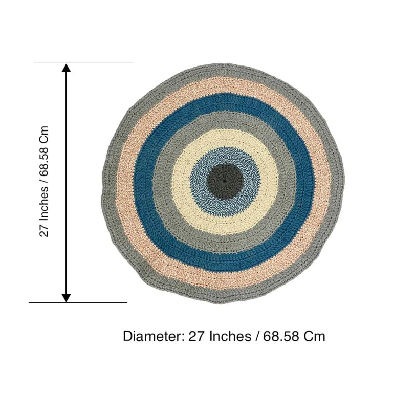Image of Round Crochet Floor Rug Blue Pink Grey Off White