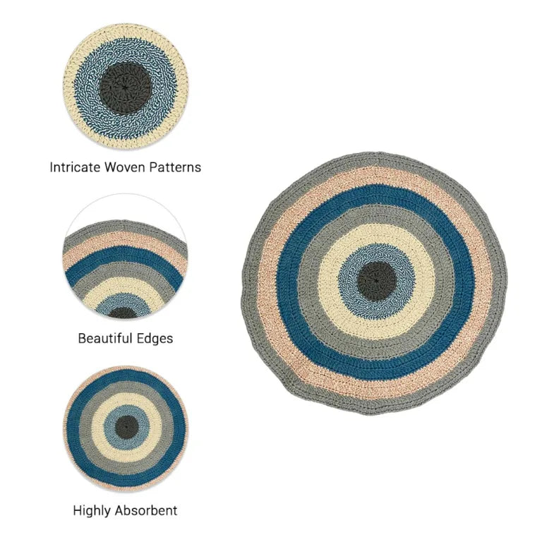 Image of Round Crochet Floor Rug Blue Pink Grey Off White