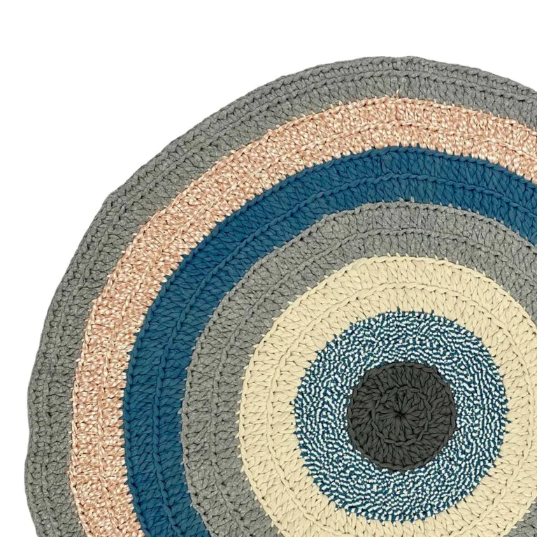 Image of Round Crochet Floor Rug Blue Pink Grey Off White