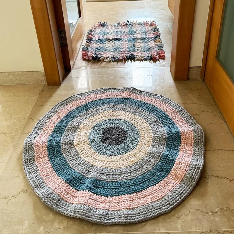 Image of Round Crochet Floor Rug Blue Pink Grey Off White
