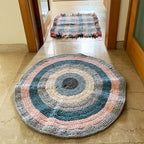 Round Crochet Floor Rug Blue Pink Grey Off White