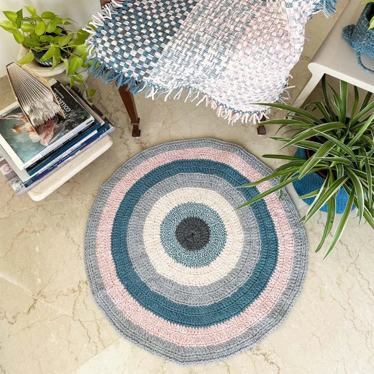 Image of Round Crochet Floor Rug Blue Pink Grey Off White