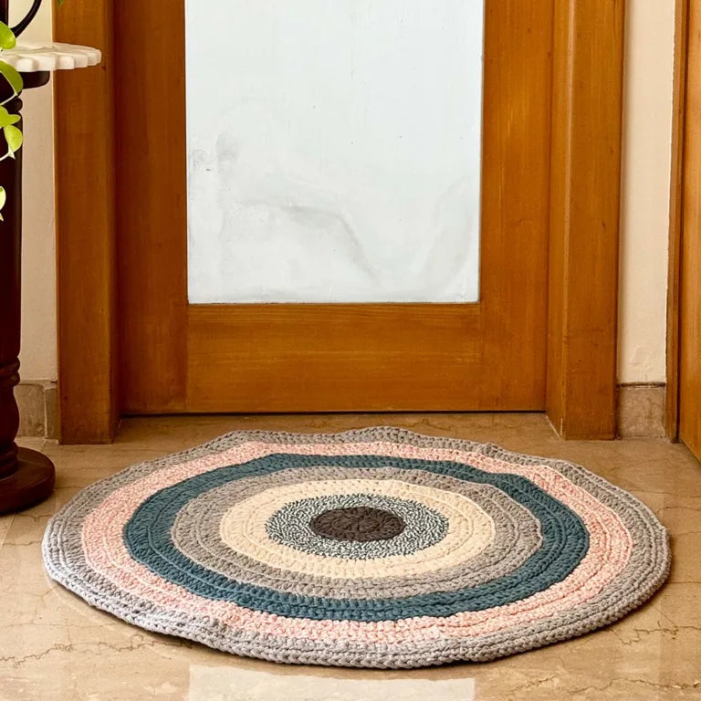 Image of Round Crochet Floor Rug Blue Pink Grey Off White