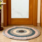 Round Crochet Floor Rug Blue Pink Grey Off White