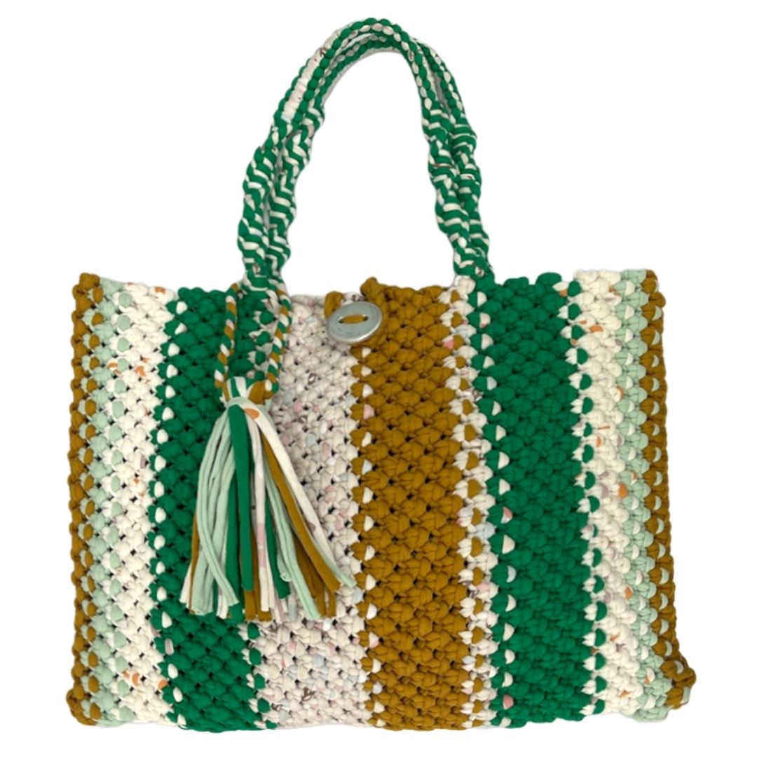 Image of Macrame Tote-Medium | Green, Off White, Mustard