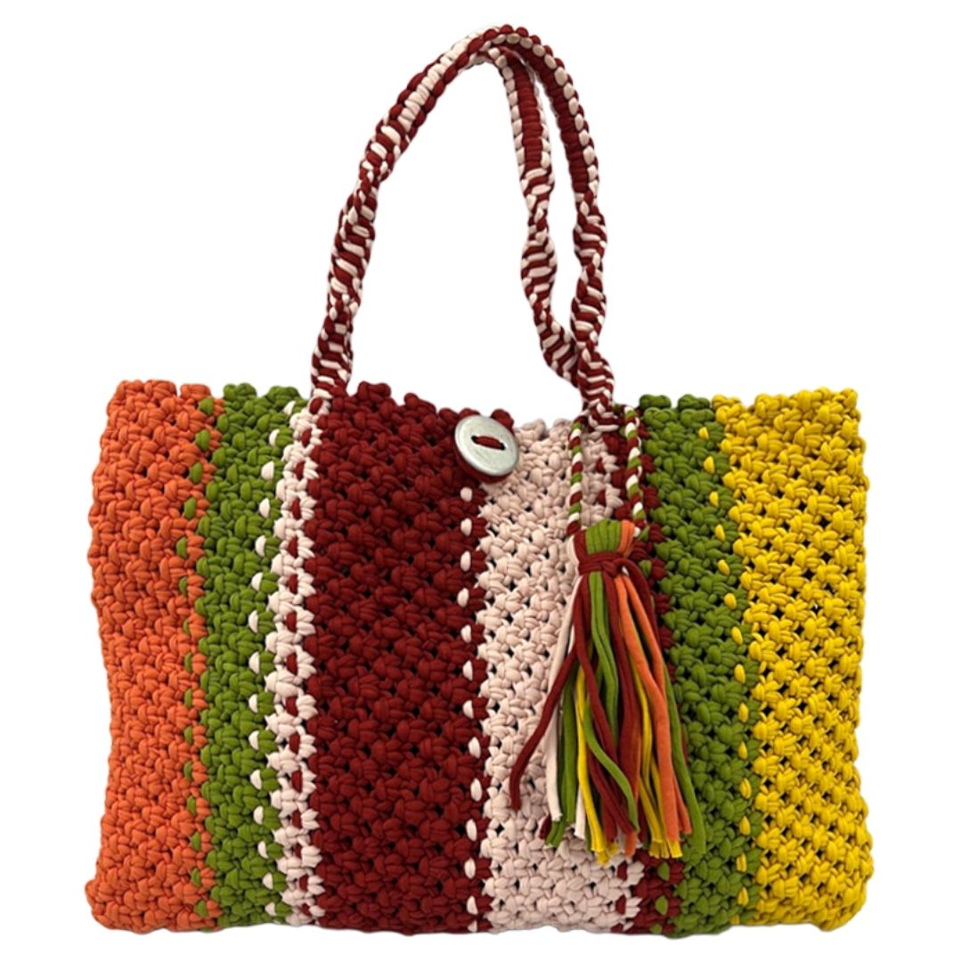 Image of Macrame Tote-Medium | Red, Yellow, Orange, Green