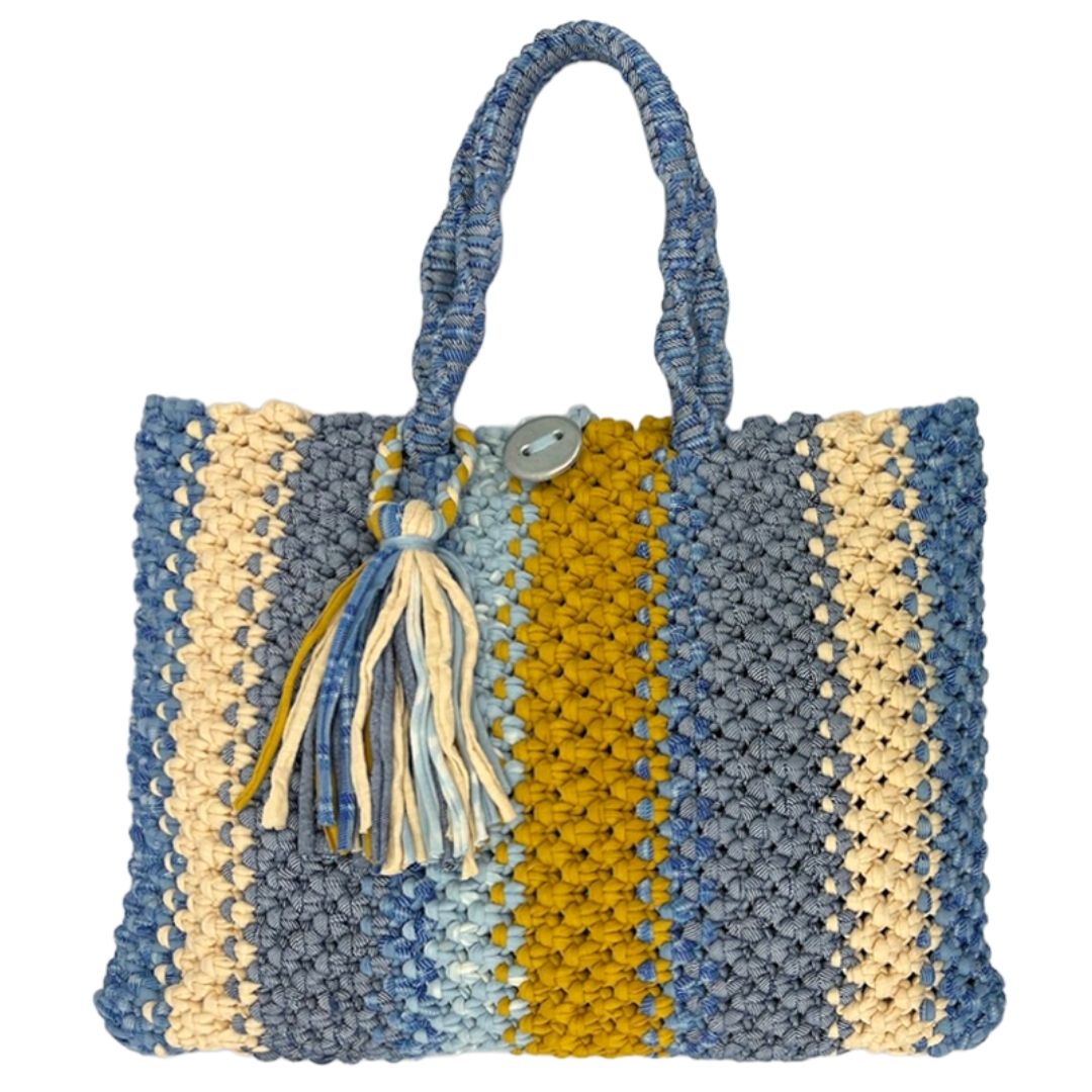 Image of Macrame Tote-Medium | Blues, Yellow, Off White