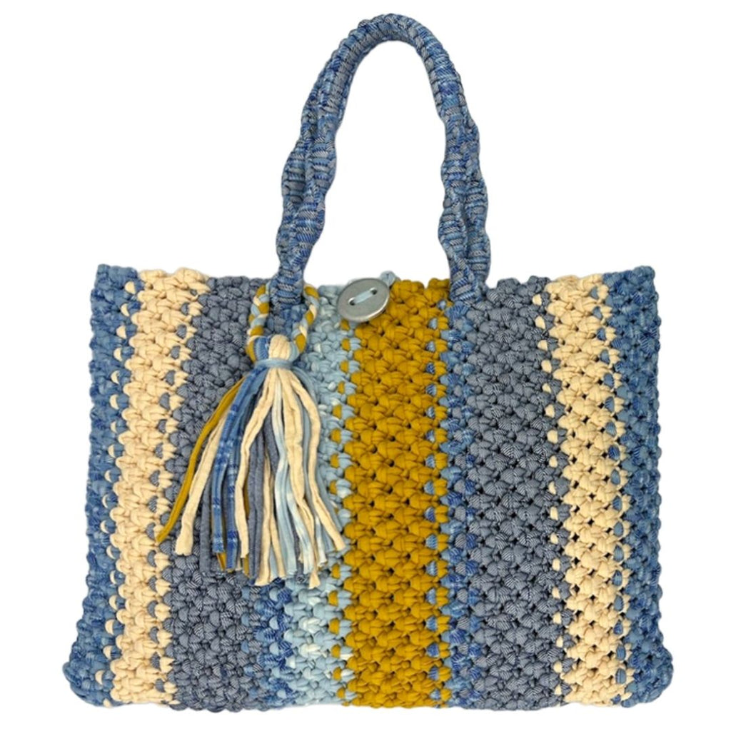 Macrame Tote-Medium | Blues, Yellow, Off White
